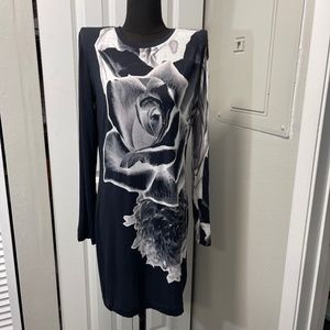 $575+NEW Jonathan Saunders Black/White Long Sleeve Modal Negative Flower Dress L